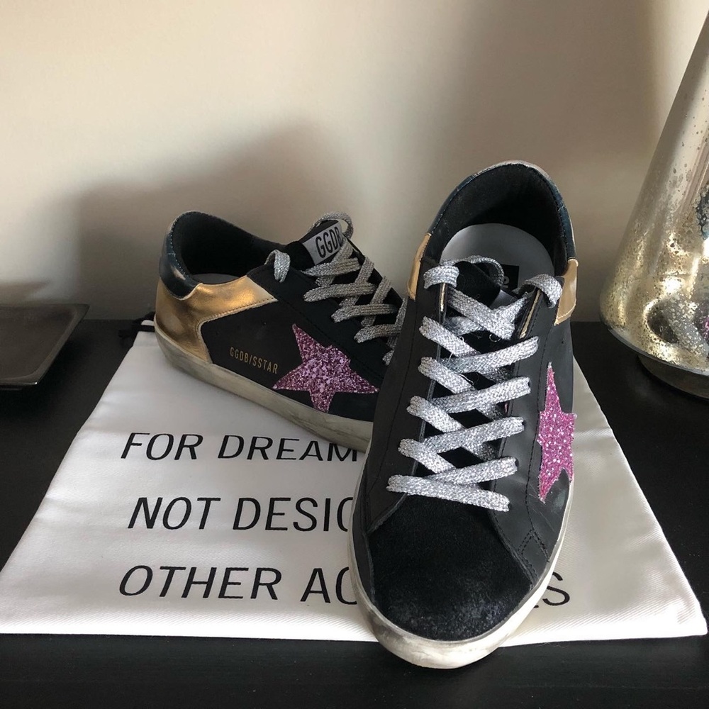 Golden Goose Black Suede Pink Glitter Metallic Superstars